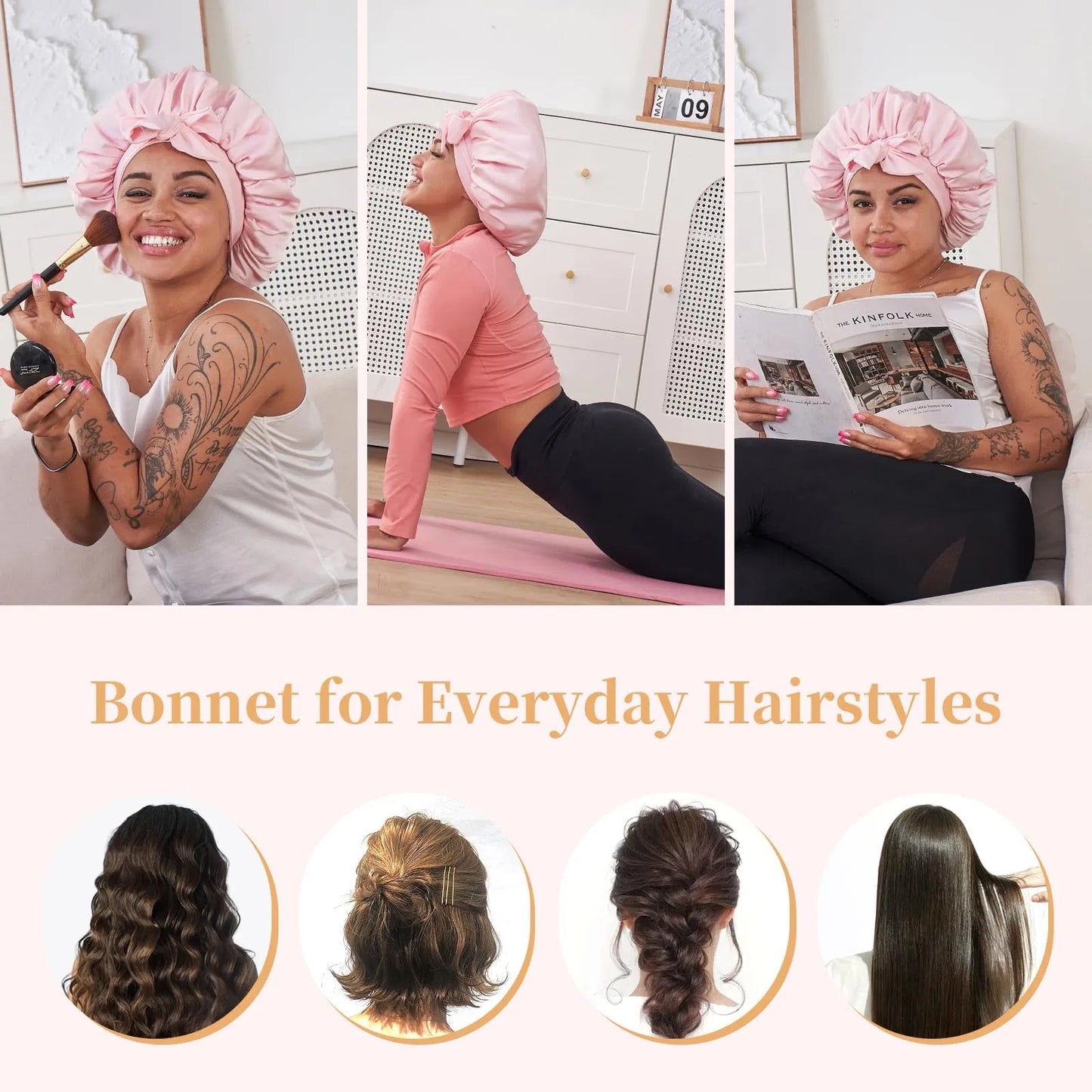 LUNIVA CARE USA silk satin sleep bonnet in pink worn during makeup, yoga, and reading for hair care