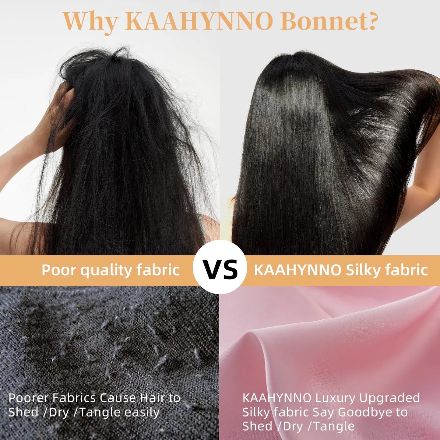 Comparison of poor quality fabric causing dry tangled hair versus KAAHYNNO silky fabric providing smooth shiny hair with silk satin sleep bonnet