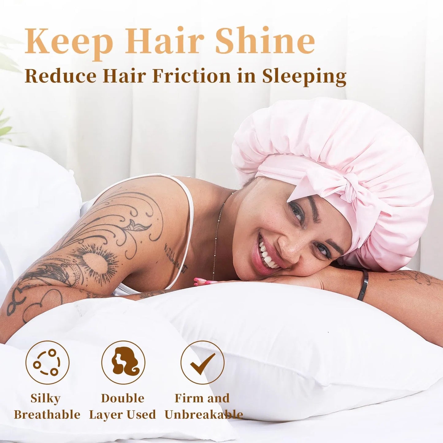 Woman wearing pink silk satin sleep bonnet lying on white pillow promoting LUNIVA CARE USA hair care accessory