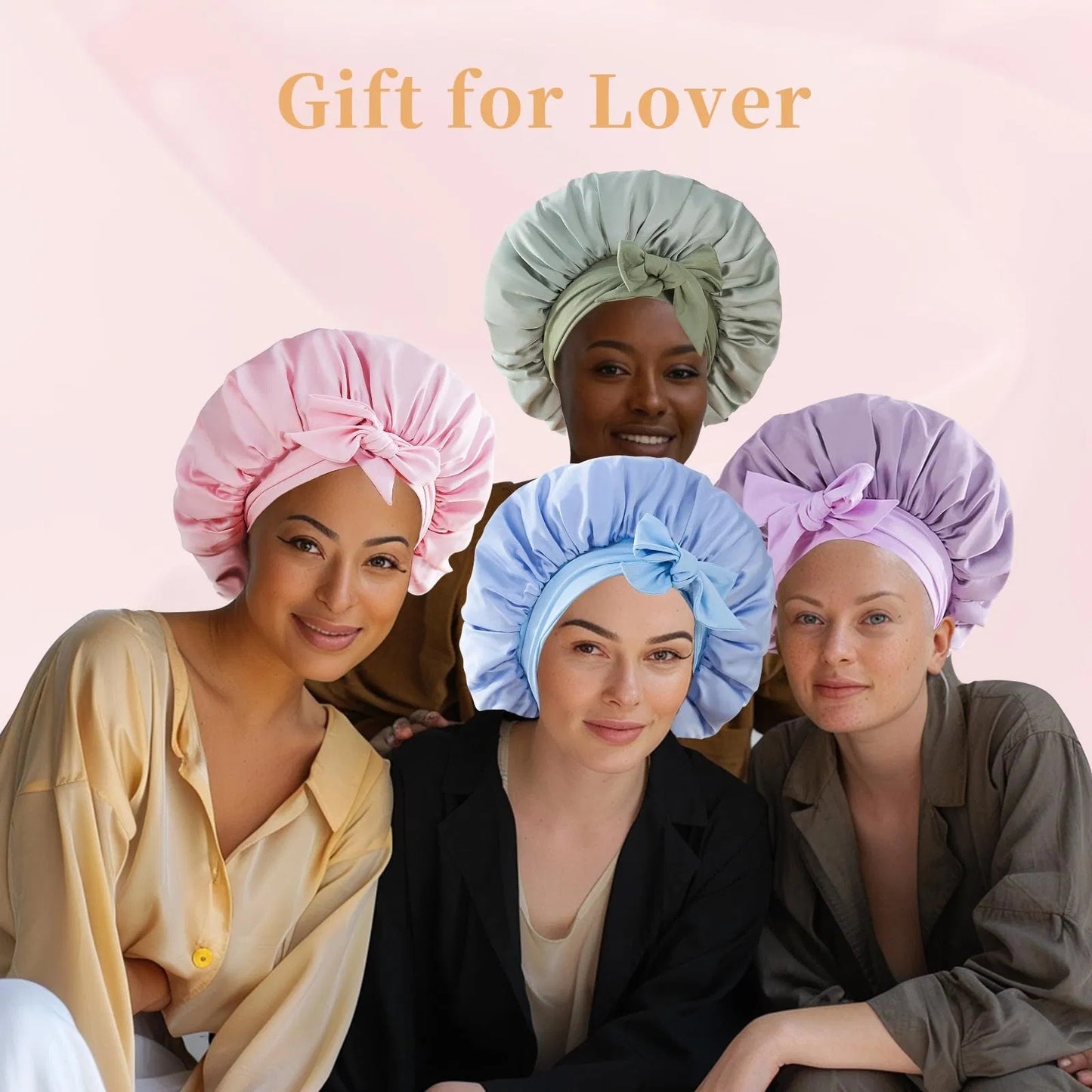 Four women wearing colorful silk satin sleep bonnets from LUNIVA CARE USA posing together
