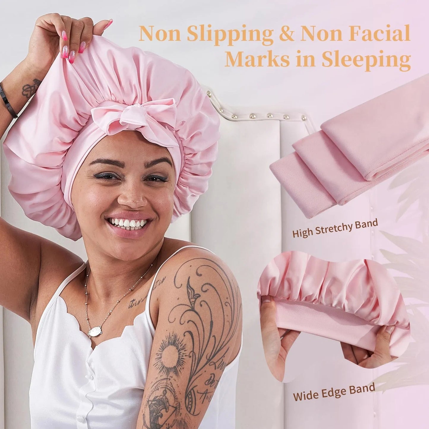 LUNIVA CARE USA pink silk satin sleep bonnet with high stretchy band and wide edge band for non slipping