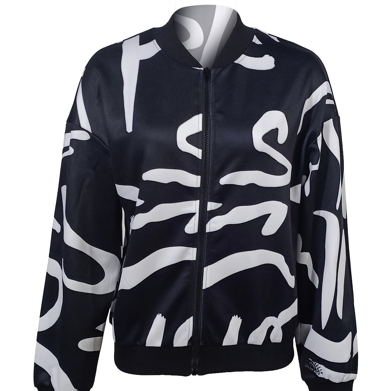Black and white ladies fashionable printed jacket with abstract design and zip front closure
