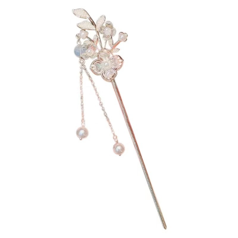 LUNIVA CARE USA luxury hair stick for special occasions with floral design and dangling pearls