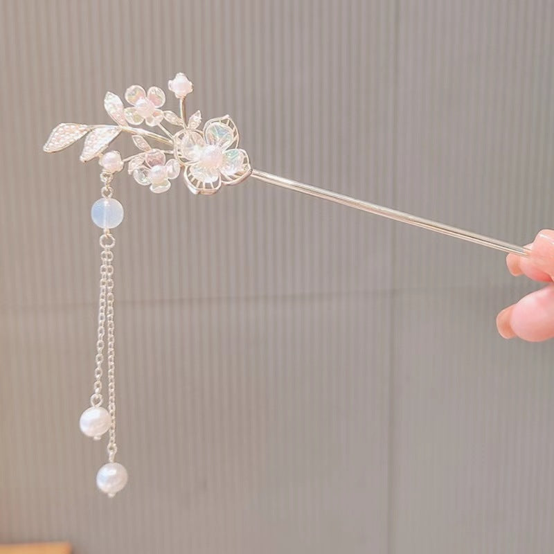 LUNIVA CARE USA luxury hair stick for special occasions with floral design and hanging pearls
