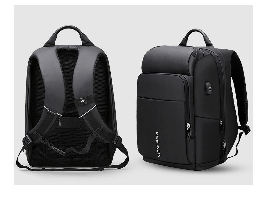 Black Oxford cloth laptop backpack showing front and back views with padded straps and USB charging port