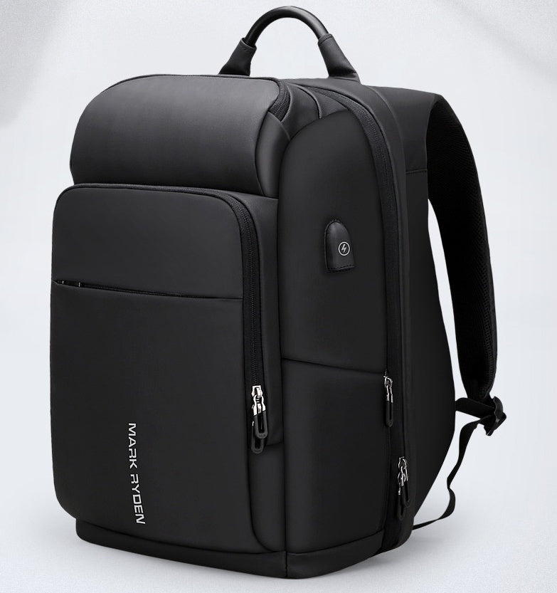 Black Oxford cloth laptop backpack with multiple zippered compartments and USB charging port