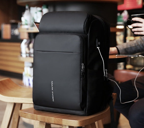 Black Oxford cloth laptop backpack with multiple compartments and charging port on side