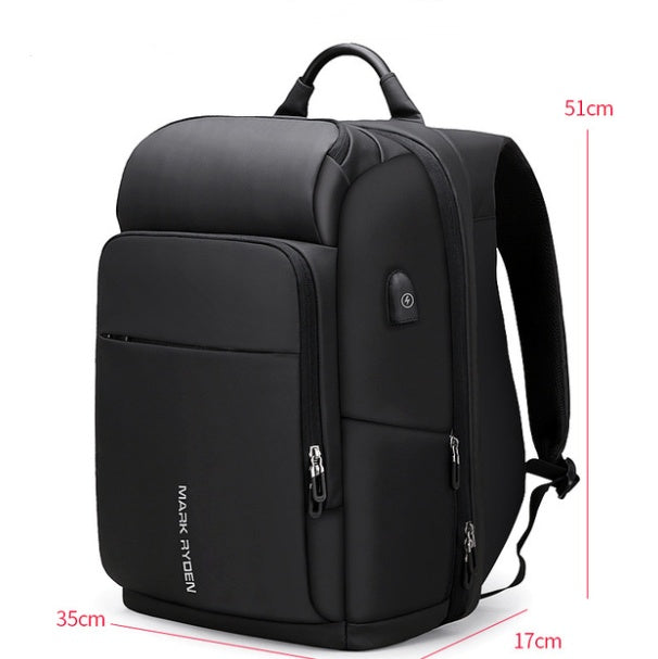 Black Oxford cloth laptop backpack with multiple zippered compartments and padded shoulder straps