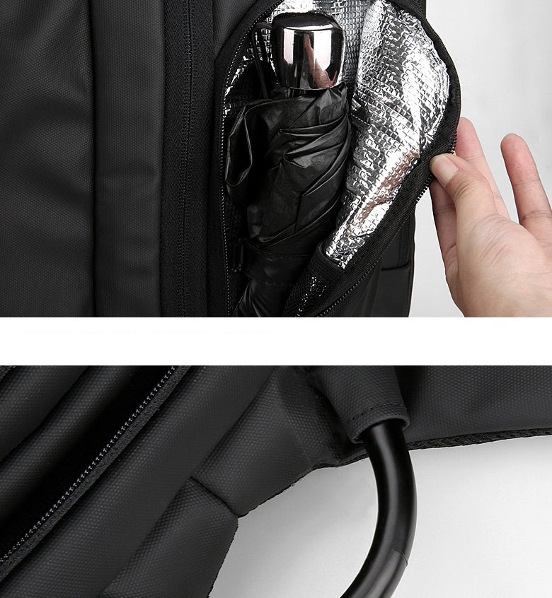 Close-up of a hand opening a zippered compartment in Oxford cloth laptop backpack showing insulated lining and zipper details