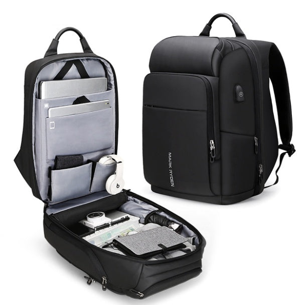 Black Oxford cloth laptop backpack with multiple compartments and USB charging port