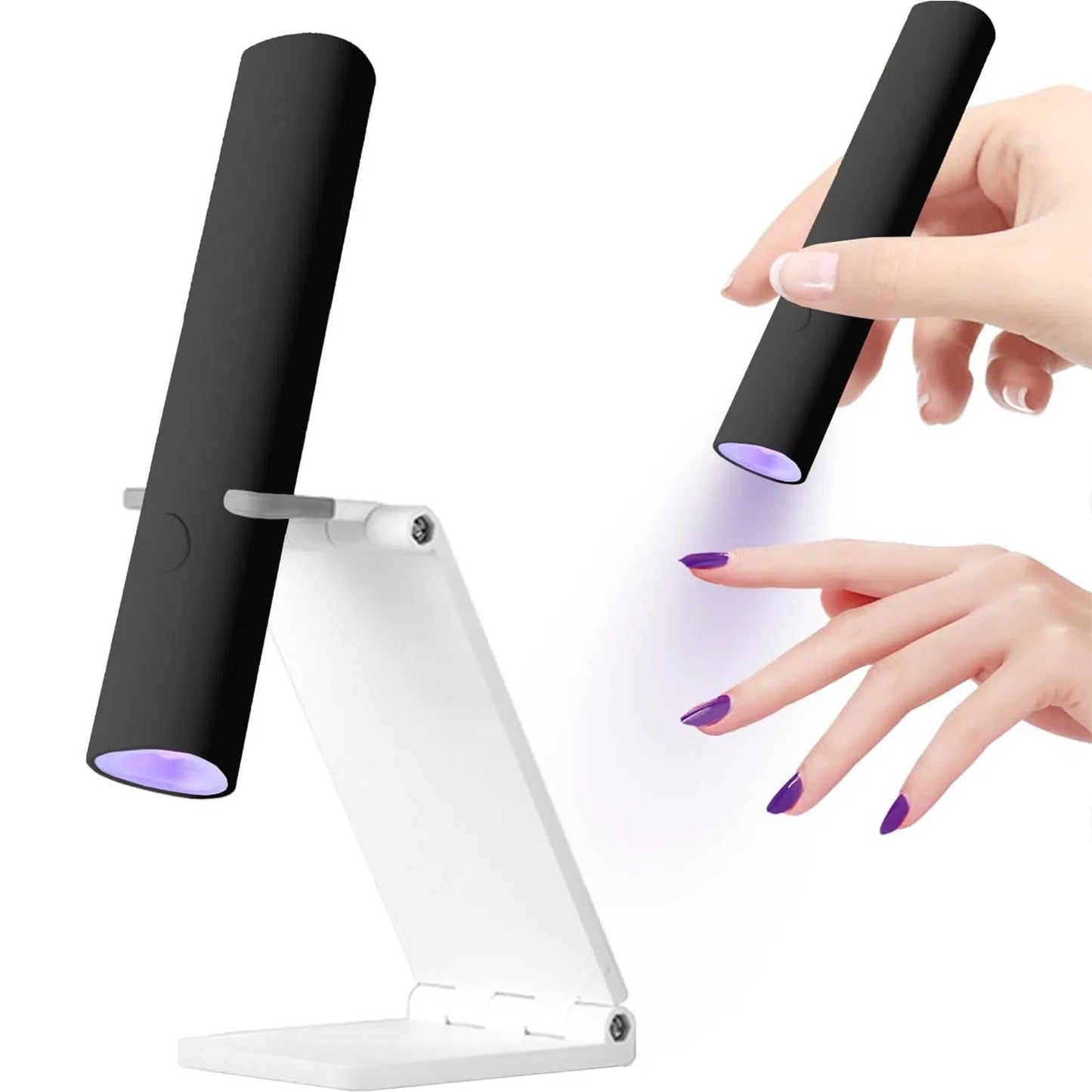 LUNIVA CARE USA mini UV LED nail lamp in black with white foldable stand drying purple polished nails