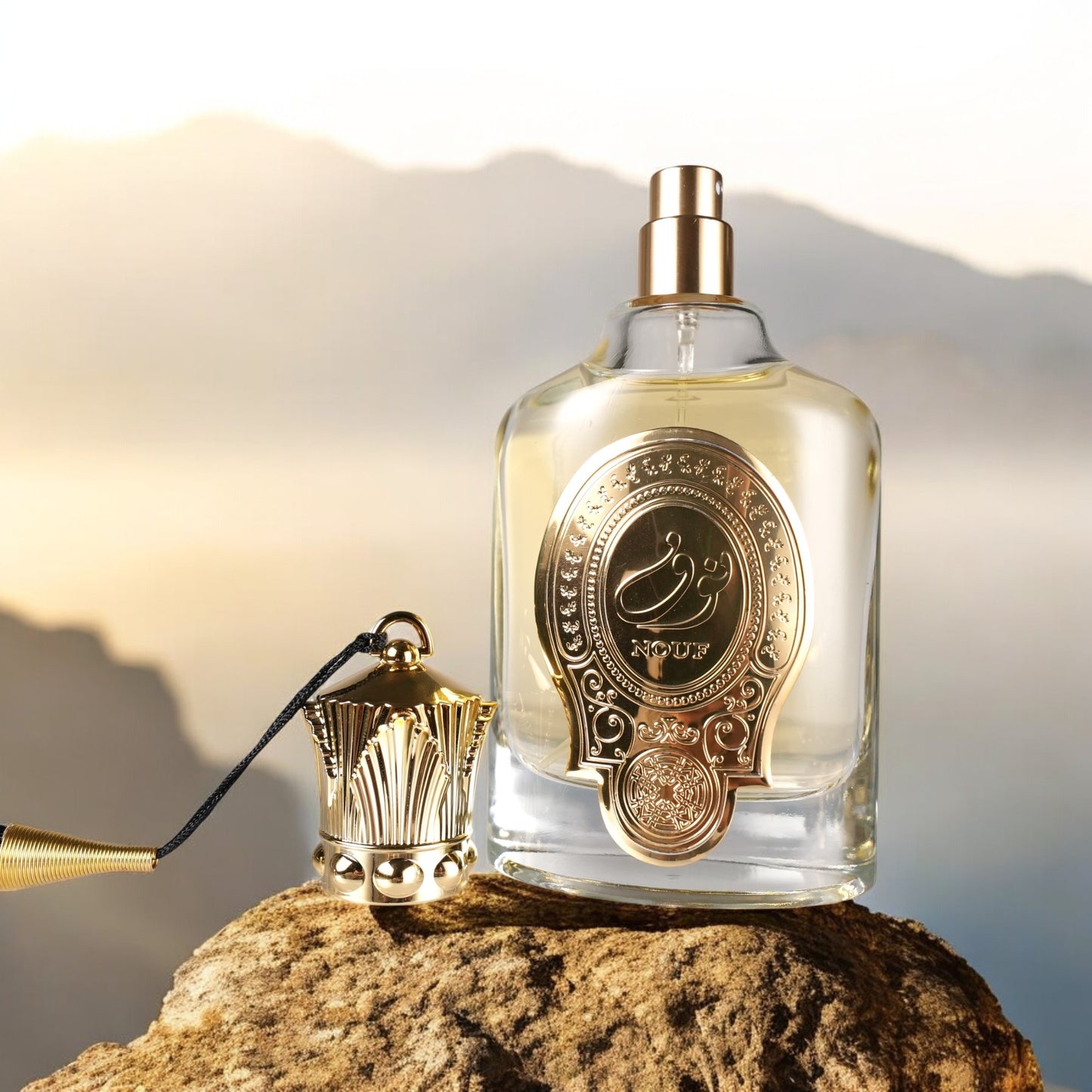 LUNIVA CARE USA luxury fragrance for women in elegant glass bottle with gold detailing on natural rock