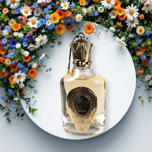 LUNIVA CARE USA luxury fragrance for women in an elegant gold-capped clear glass bottle surrounded by colorful flowers