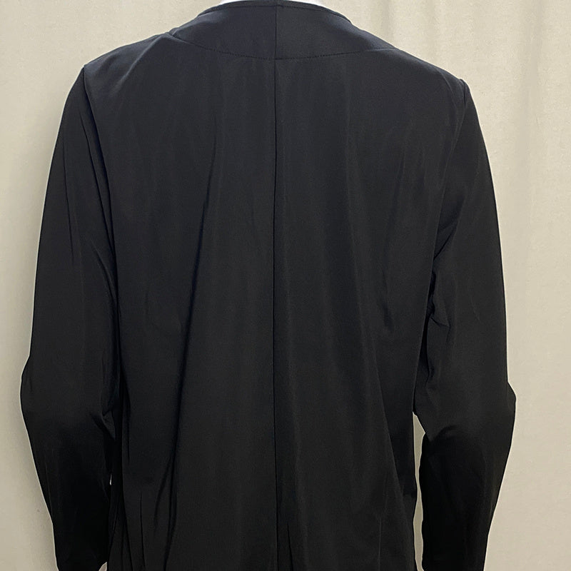 Back view of a black plus size blazer for women with long sleeves and simple design