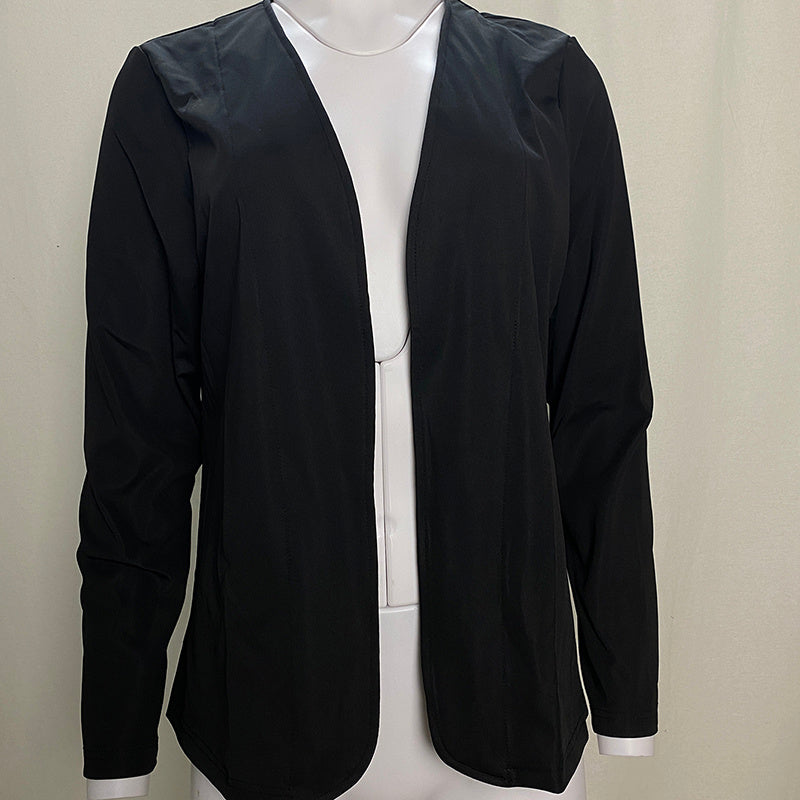 Black plus size blazer for women with long sleeves and open front design