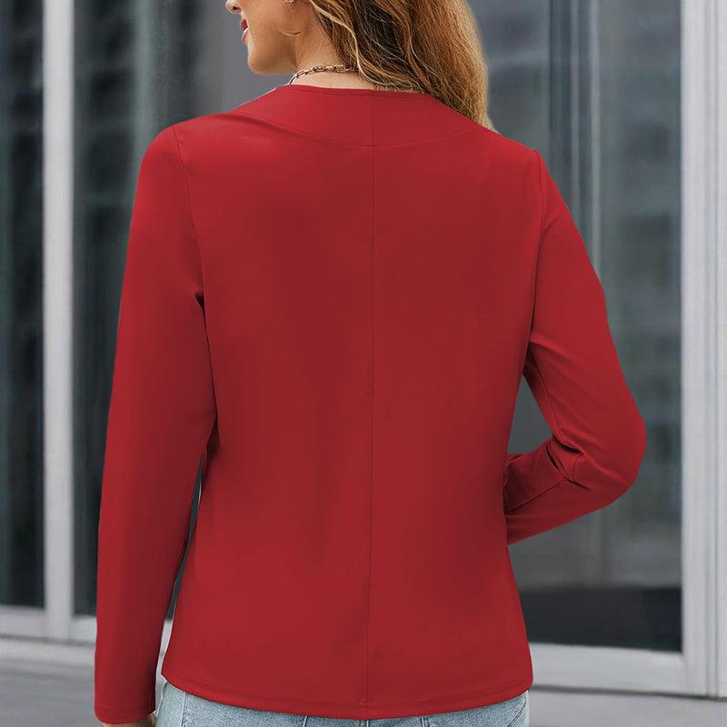 Back view of a woman wearing a red plus size blazer for women outdoors by a window