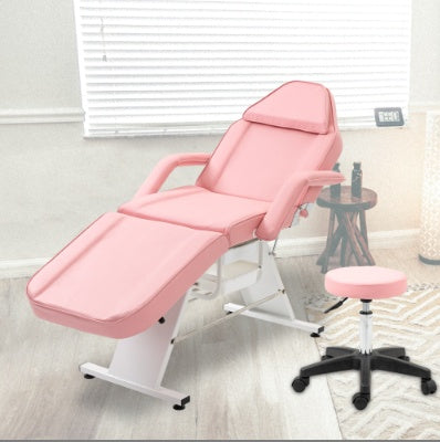 LUNIVA CARE USA professional salon recliner chair in pink with adjustable backrest and matching swivel stool