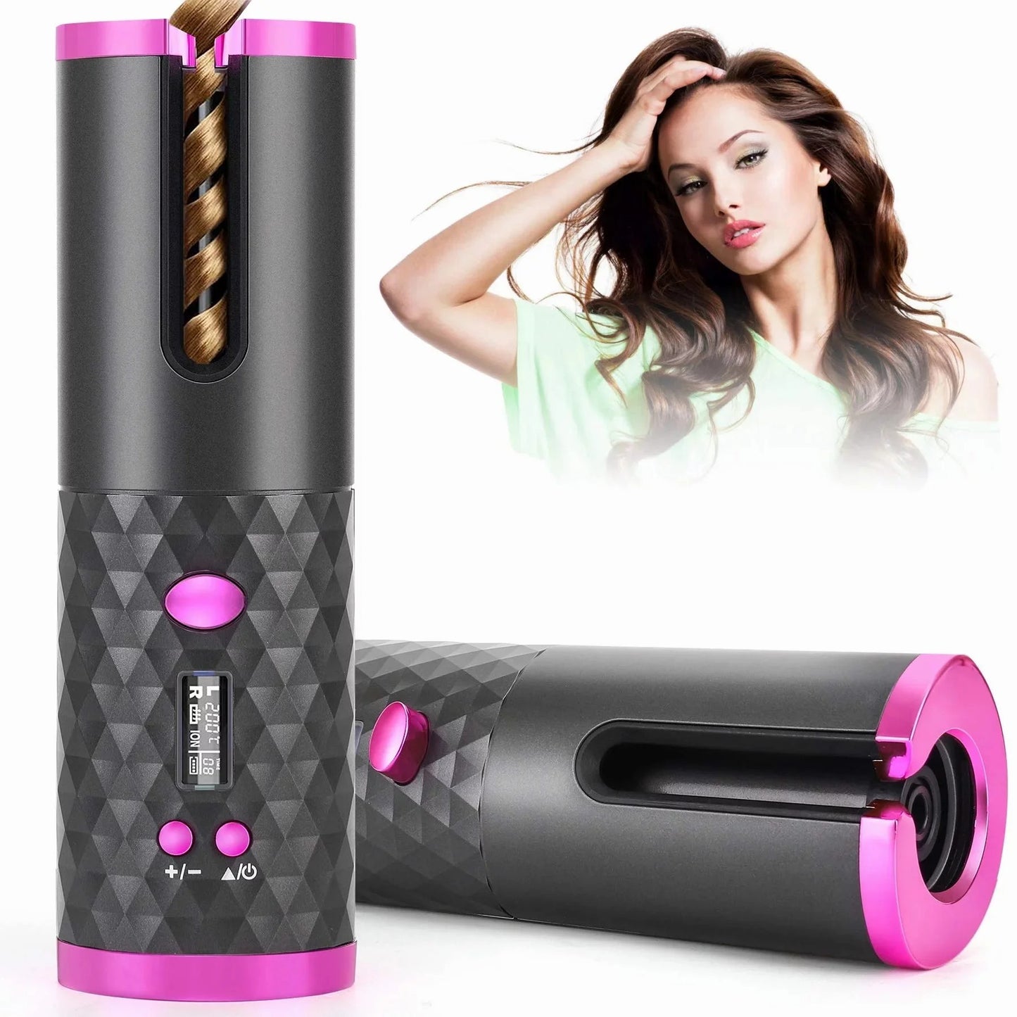 LUNIVA CARE USA quick styling hair curler for travel with digital display and pink accents