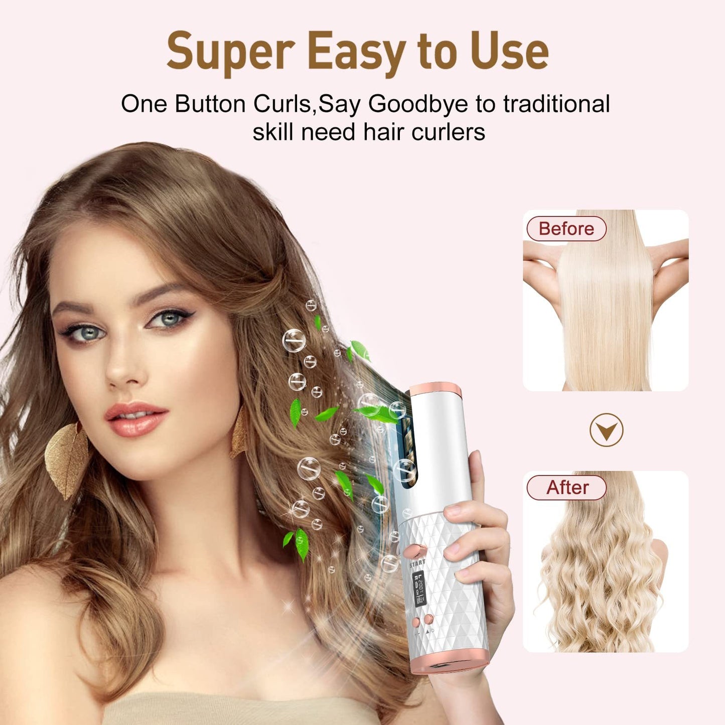 LUNIVA CARE USA quick styling hair curler for travel shown curling brunette hair with before and after results