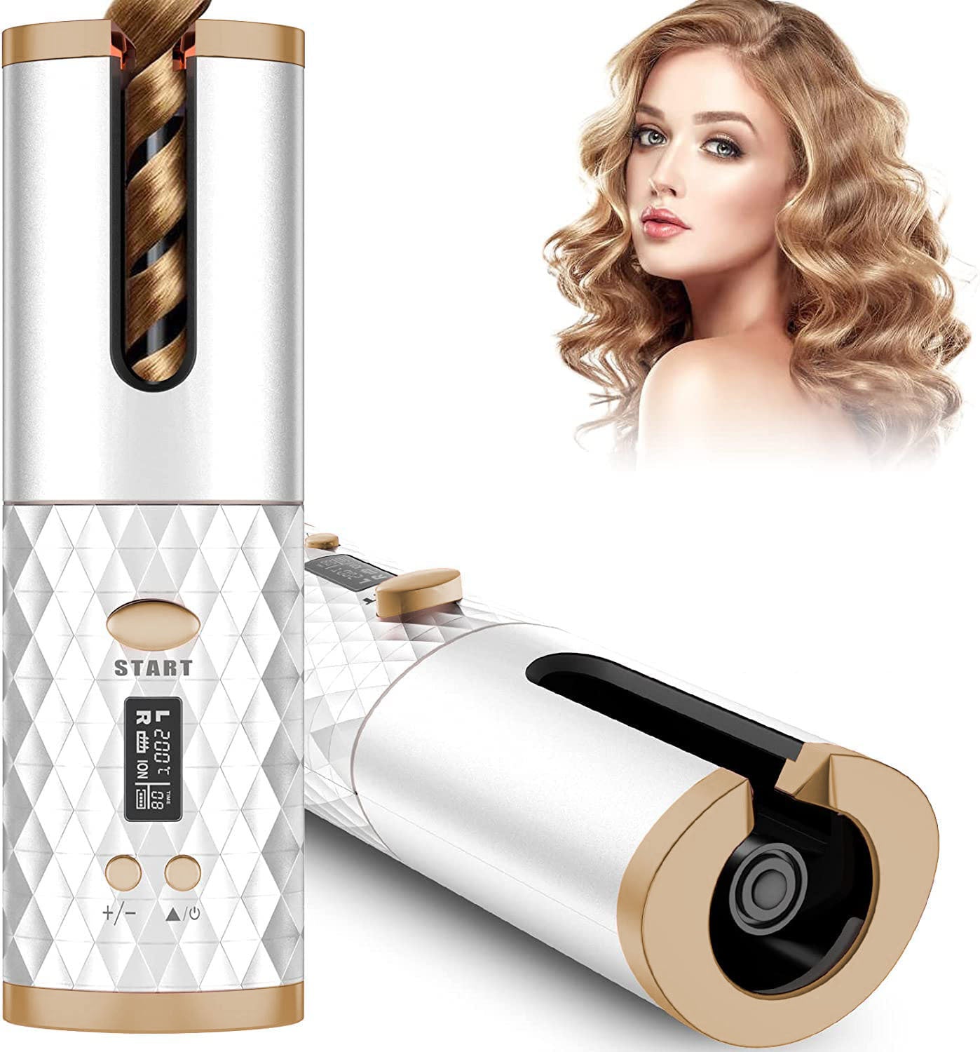 LUNIVA CARE USA quick styling hair curler for travel in white and gold with digital display and styled blonde curls