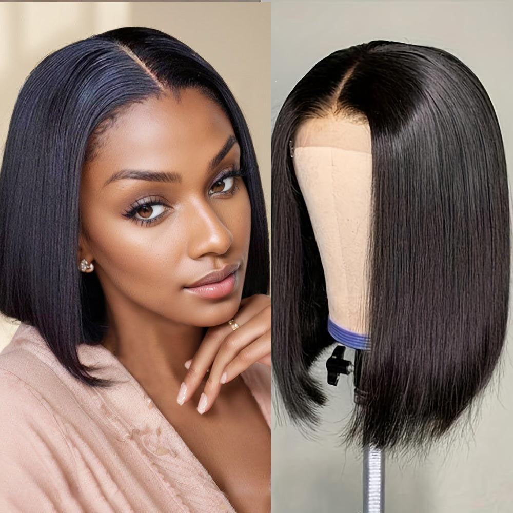 LUNIVA CARE USA realistic short black wig for women with synthetic lace closure and no-glue design