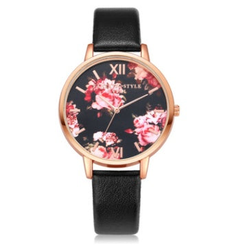 LUNIVA CARE USA rose gold quartz watch for women with floral dial and black leather strap