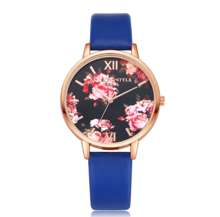 LUNIVA CARE USA rose gold quartz watch for women with floral dial and blue leather strap
