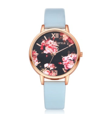 LUNIVA CARE USA rose gold quartz watch for women with floral dial and light blue strap