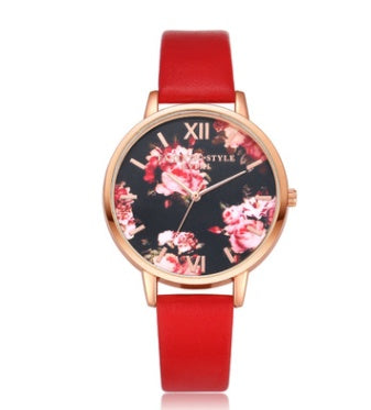 LUNIVA CARE USA women's rose gold quartz watch for women with floral dial and red leather strap