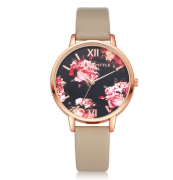 LUNIVA CARE USA rose gold quartz watch for women with floral dial and beige leather strap