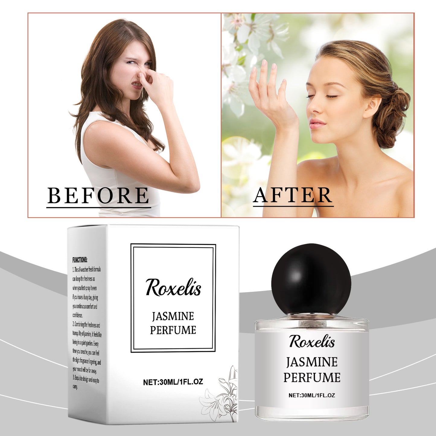 LUNIVA CARE USA Roxelis Jasmine Perfume bottle with packaging showcasing long-lasting floral fragrance before and after use