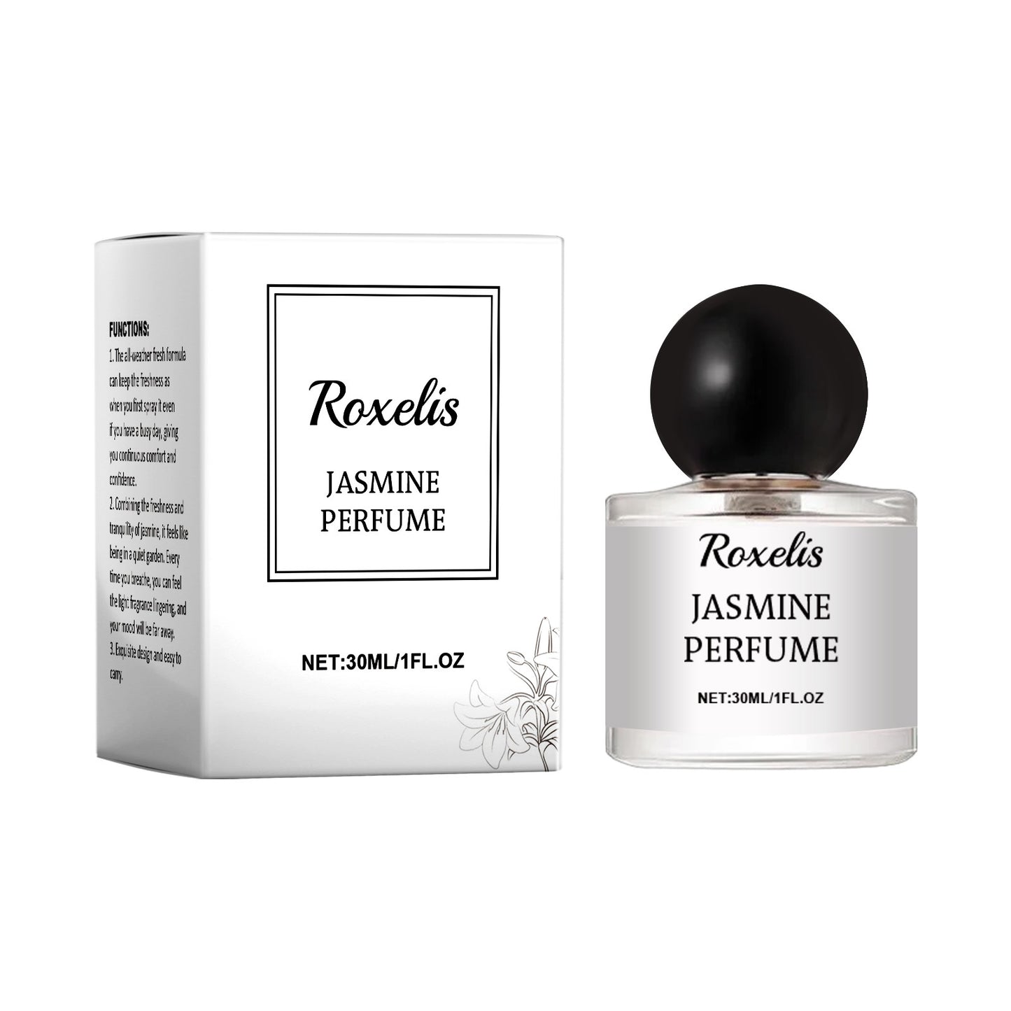 Luniva Care USA Roxelis Jasmine Perfume bottle and box with long-lasting floral fragrance for women