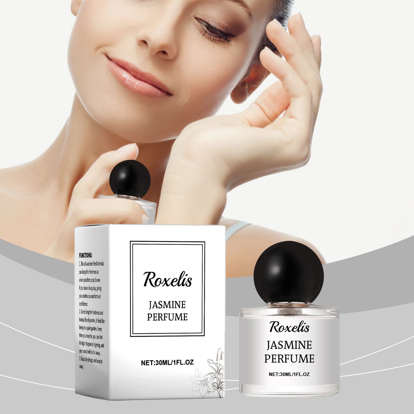 Luniva Care USA Roxelis Jasmine Perfume bottle with packaging featuring long-lasting floral fragrance