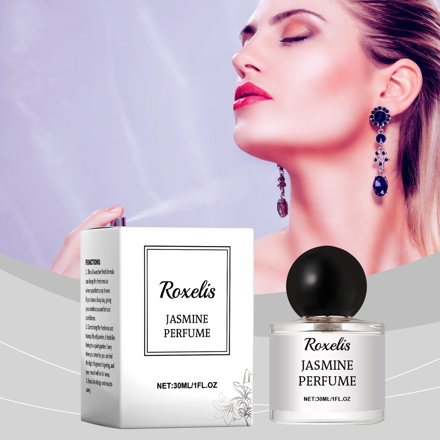 Luniva Care USA Roxelis Jasmine Perfume bottle and box with long lasting floral fragrance for women