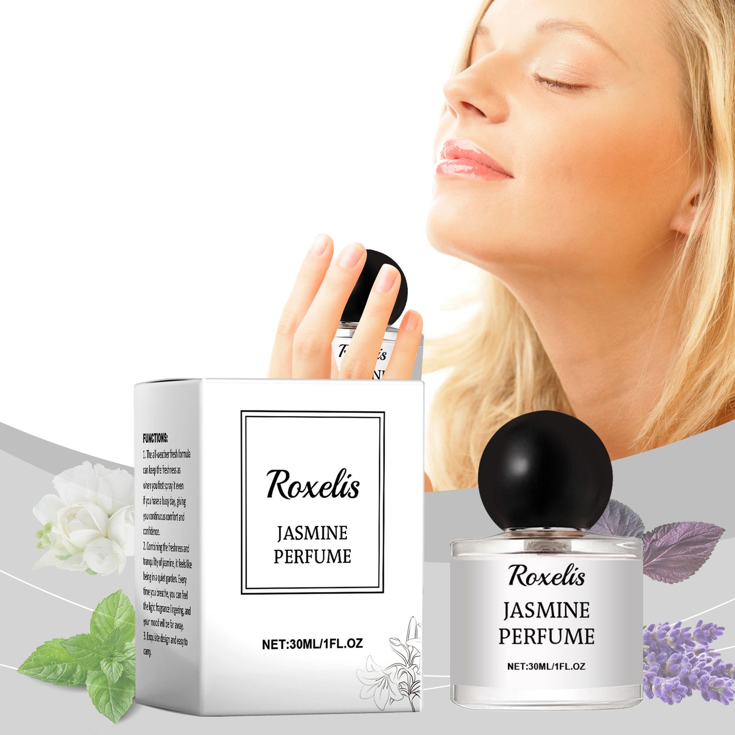 Roxelis Jasmine Perfume by LUNIVA CARE USA with long-lasting floral fragrance in 30ml bottle and packaging