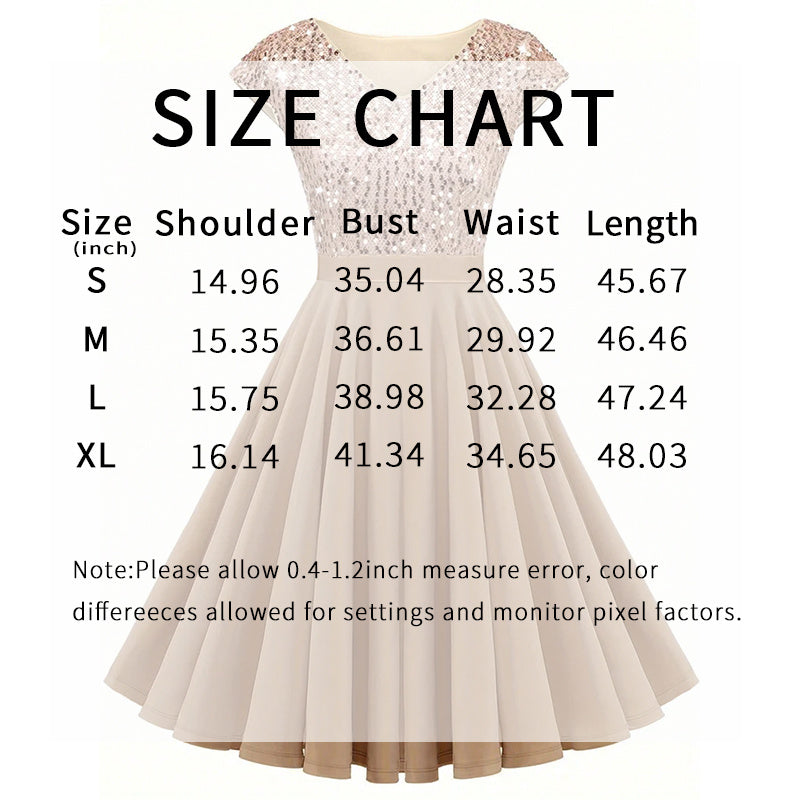 Size chart for sequin evening cocktail dress for women showing shoulder bust waist and length measurements