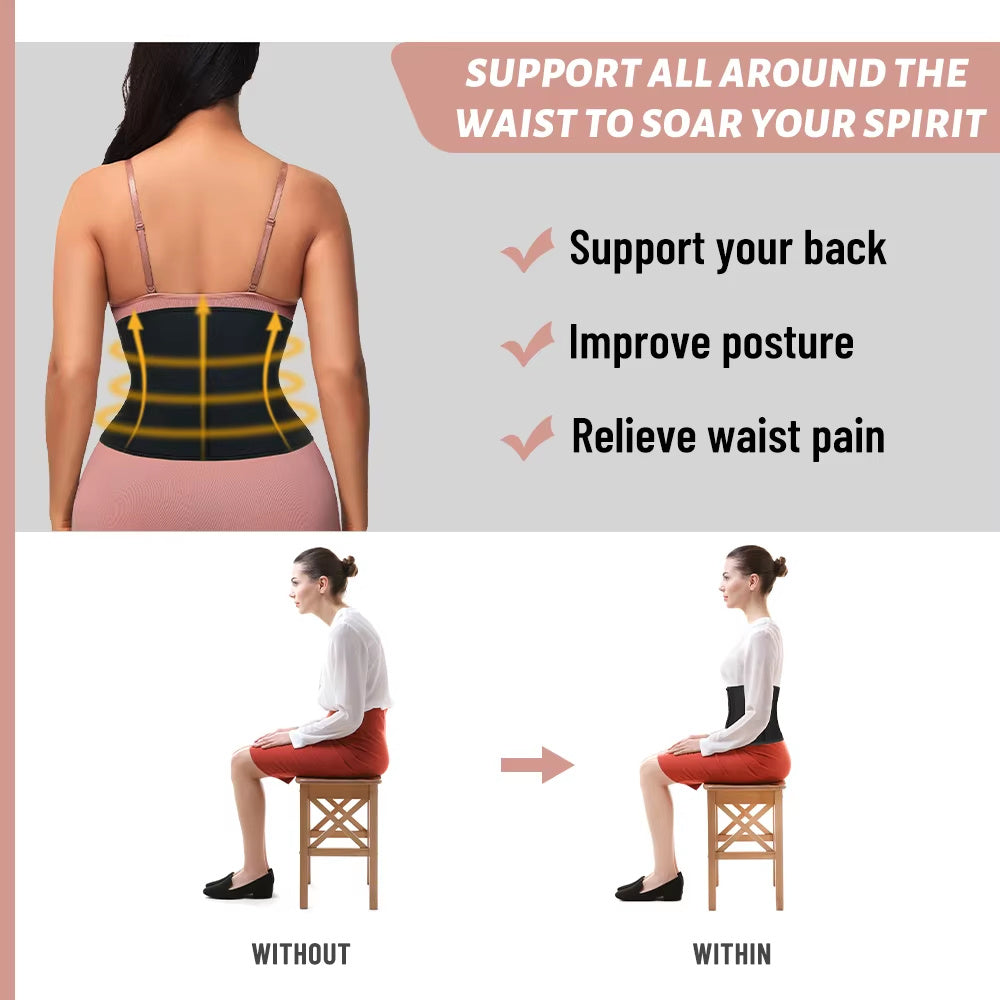 Short torso waist trainer for women shown supporting back, improving posture, and relieving waist pain