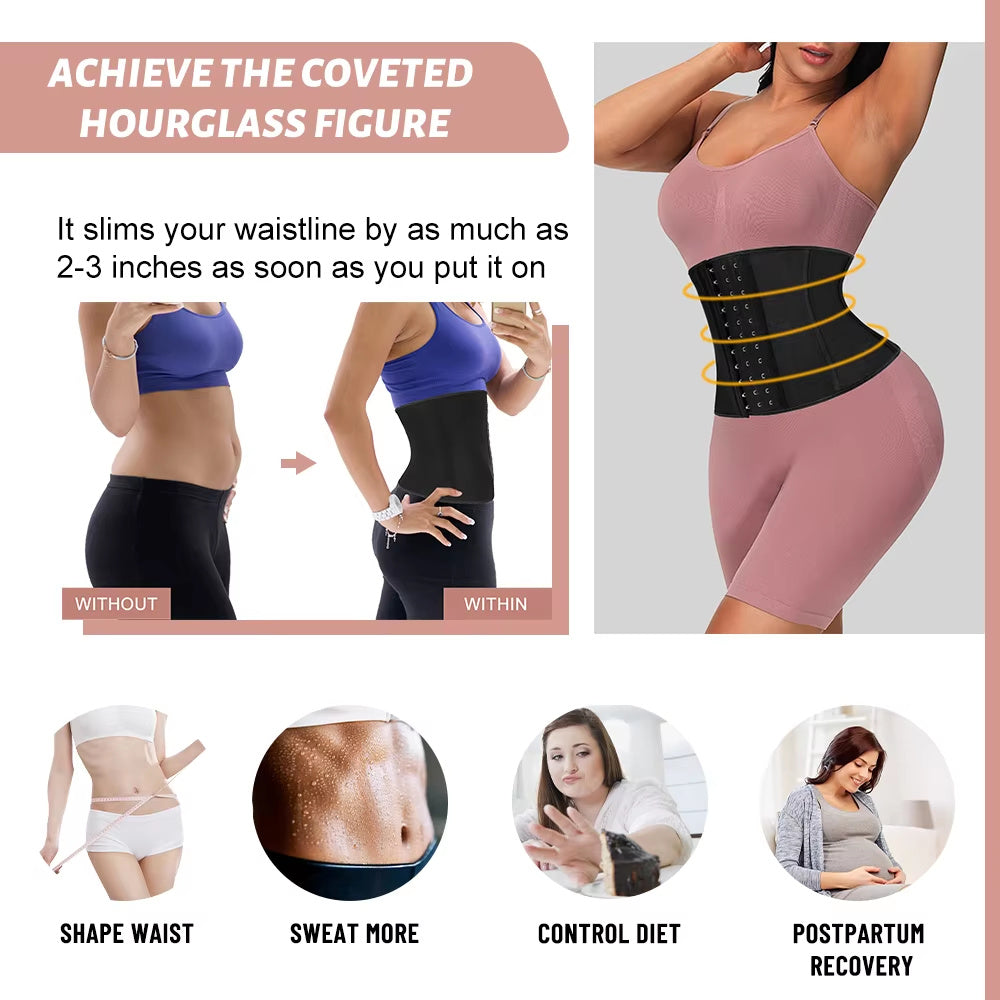 Short torso waist trainer for women shown slimming waistline and enhancing hourglass figure