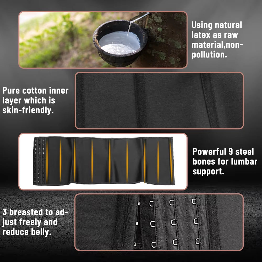Short torso waist trainer for women with natural latex, pure cotton inner layer, 9 steel bones, and adjustable 3-breasted closure