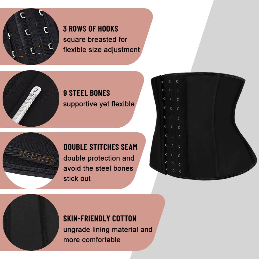 Black short torso waist trainer for women with 3 rows of hooks 9 steel bones and skin-friendly cotton lining