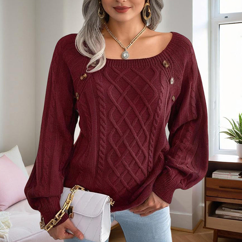 Woman wearing burgundy cable knit solid color pullover sweater women with button details and balloon sleeves