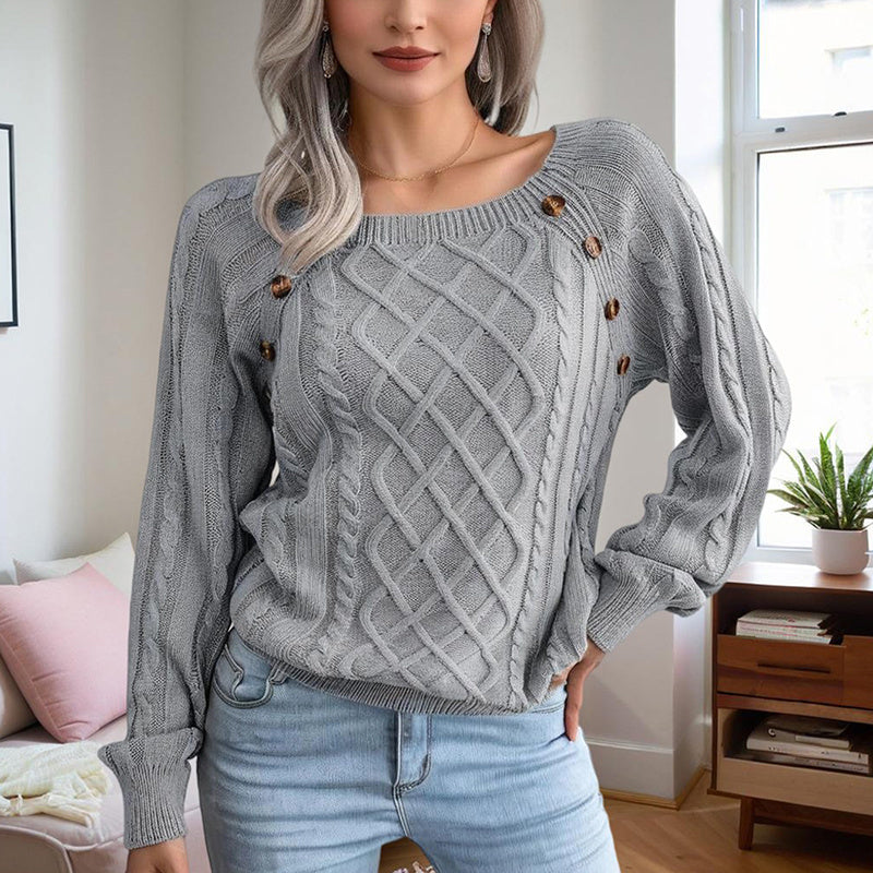 Gray solid color pullover sweater women with cable knit design and button details on shoulder