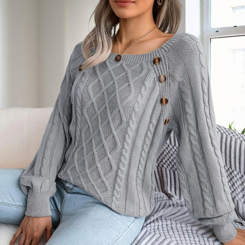 Gray solid color pullover sweater women with cable knit pattern and button details on shoulder