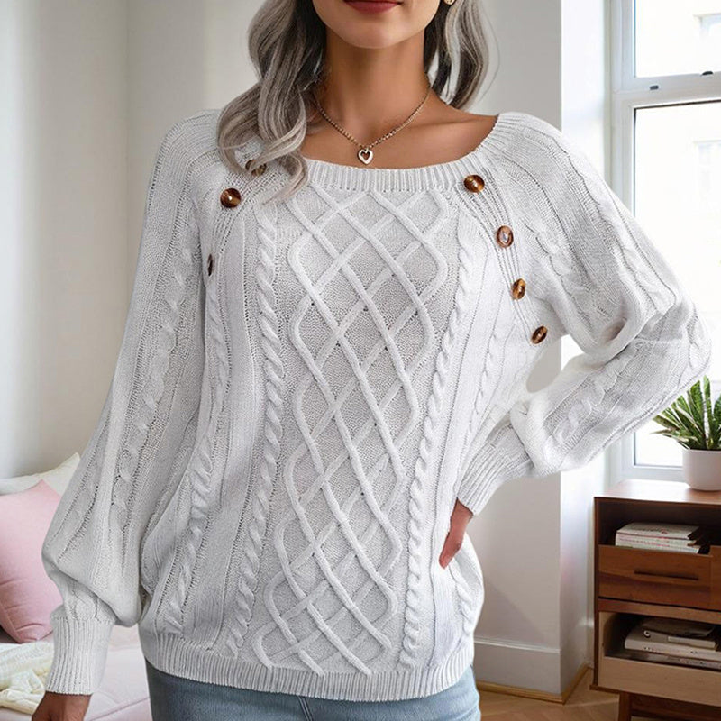 White cable knit solid color pullover sweater women with button details on shoulders