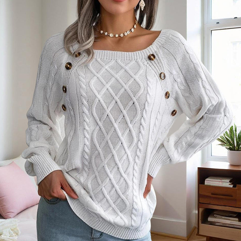White solid color pullover sweater women with cable knit design and decorative buttons