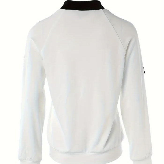 Back view of white stylish women's casual outerwear with black collar and long sleeves