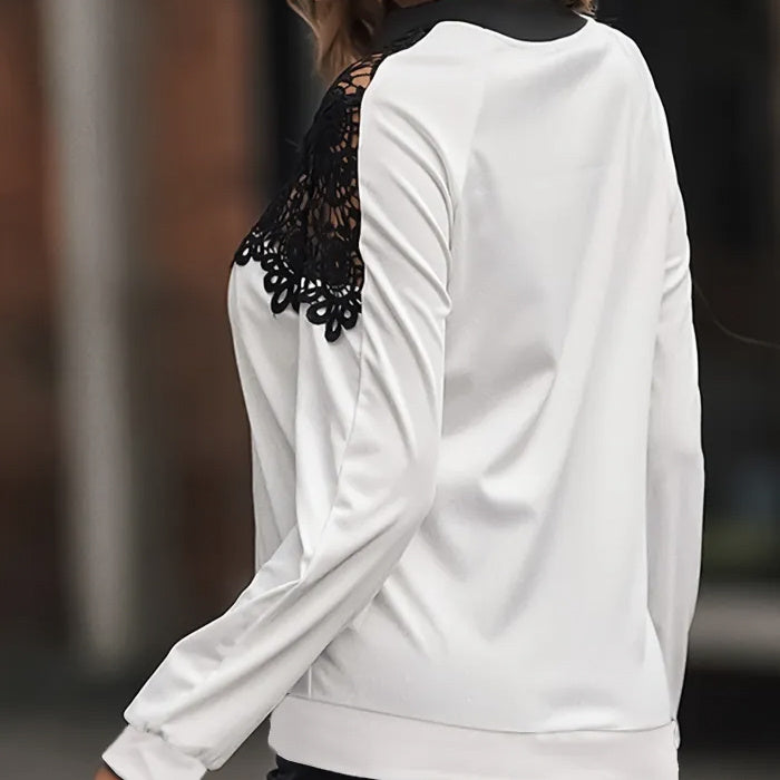 White and black long sleeve stylish women's casual outerwear with lace detail on shoulder