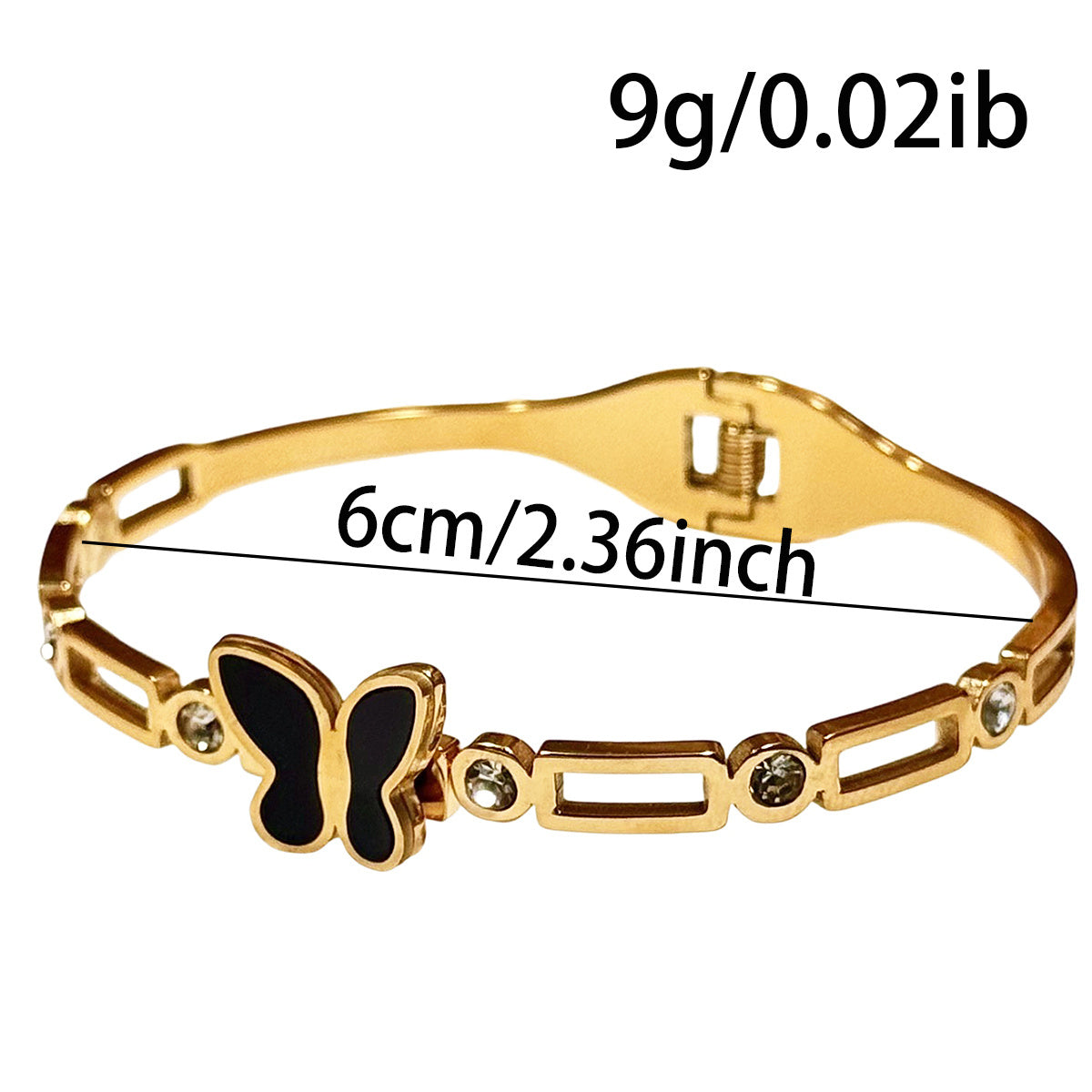 Gold cuff bracelet with black butterfly and clear stones minimalist unique gift jewelry for her