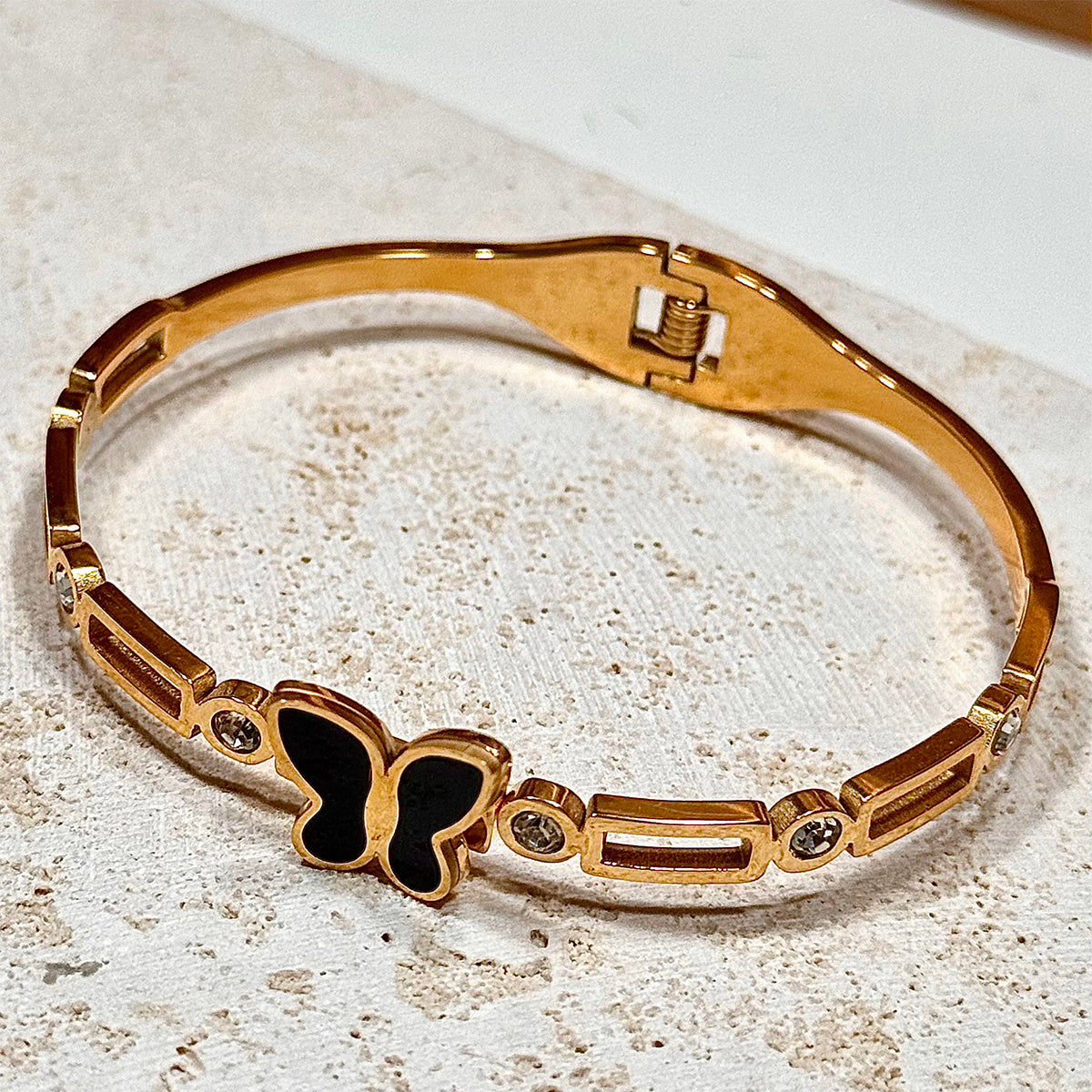 Gold cuff bracelet with black butterfly and gemstones unique gift jewelry for her by LUNIVA CARE USA