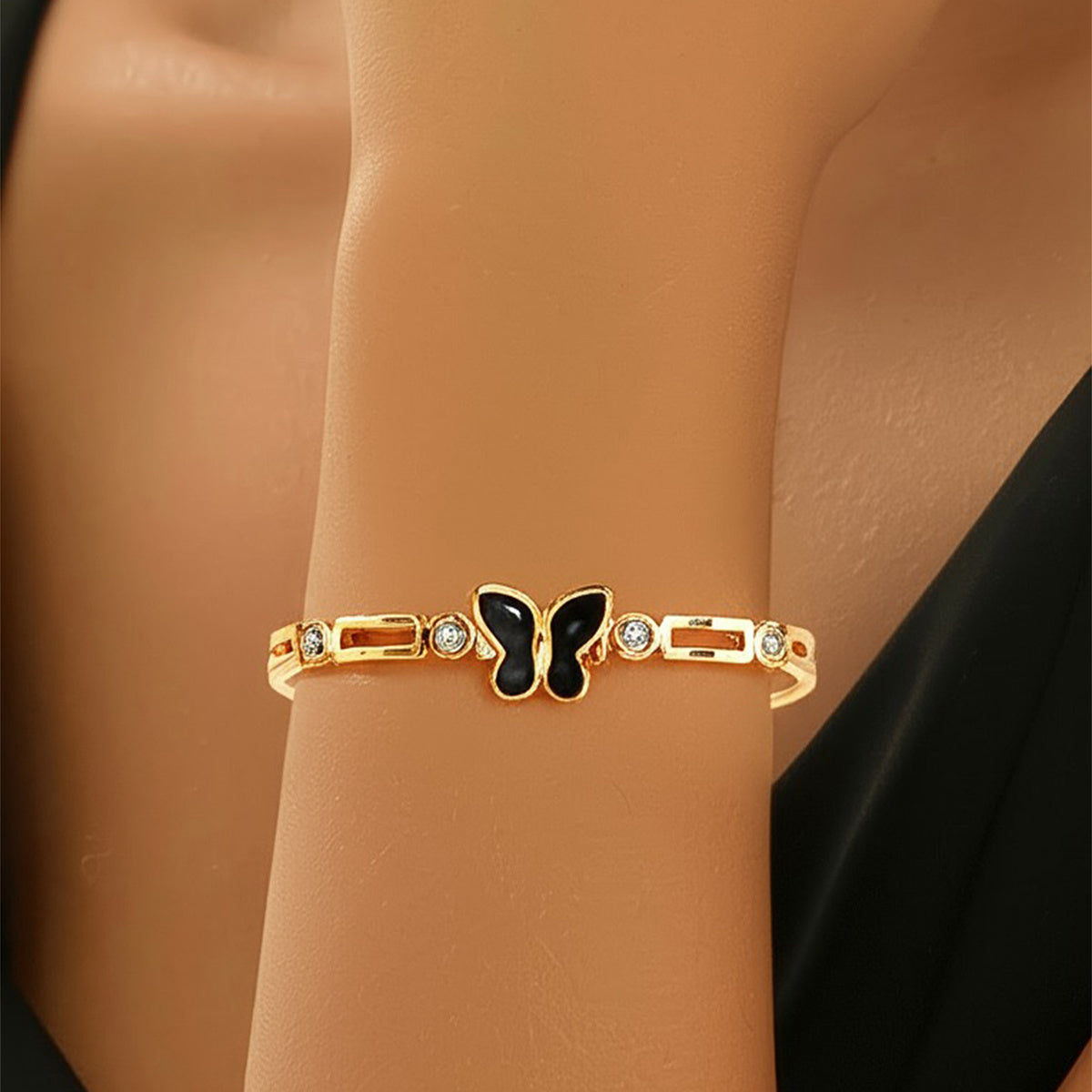 Gold cuff bracelet with black butterfly and crystals minimalist jewelry unique gift jewelry for her